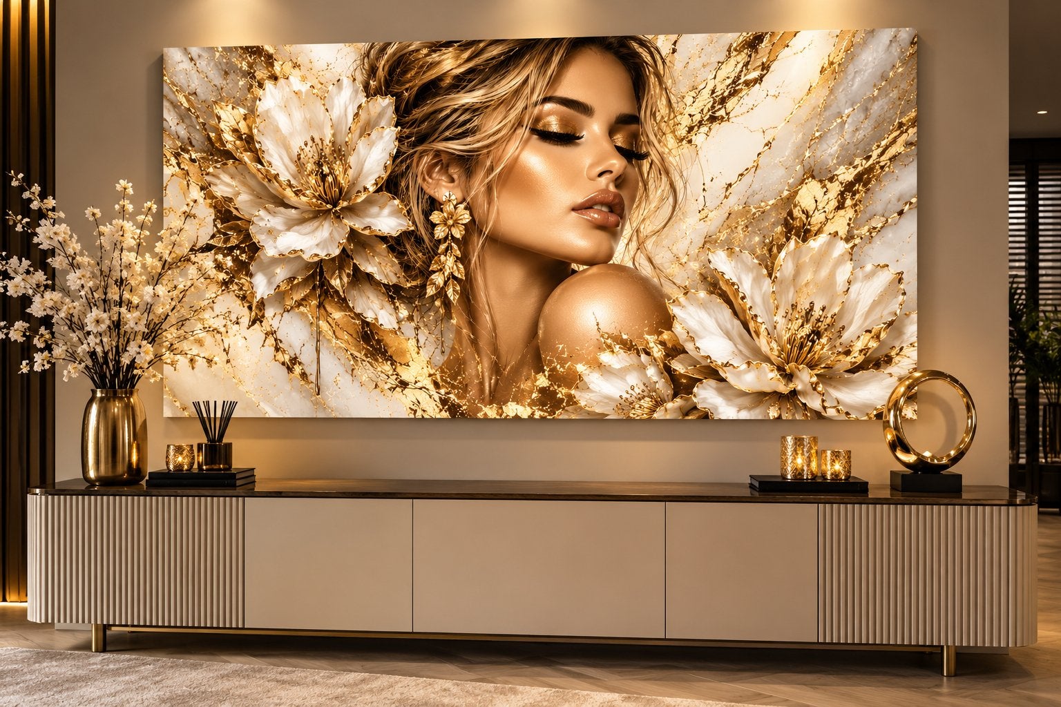 Schilderij Vrouw met Gouden Bloemen - 120x80cm, Ophangklaar, Figuren, Ophalen of Verzenden, Print