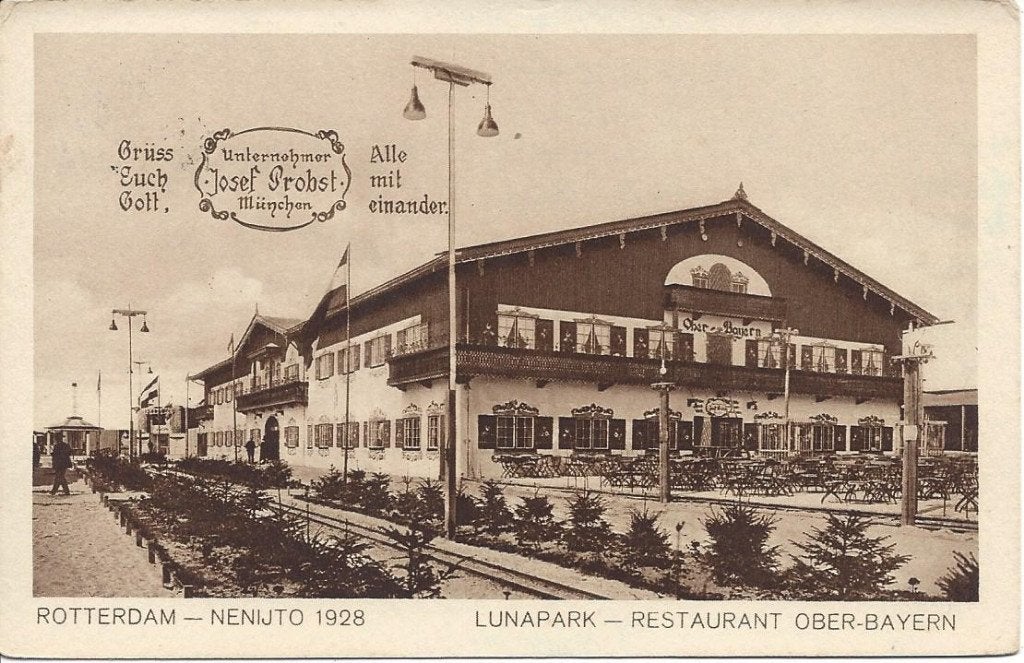 Rotterdam, Nenijto, Lunapark, Rest. Ober-Bayern, Volk, 1928, Ophalen of Verzenden, 1920 tot 1940, Gelopen, Zuid-Holland