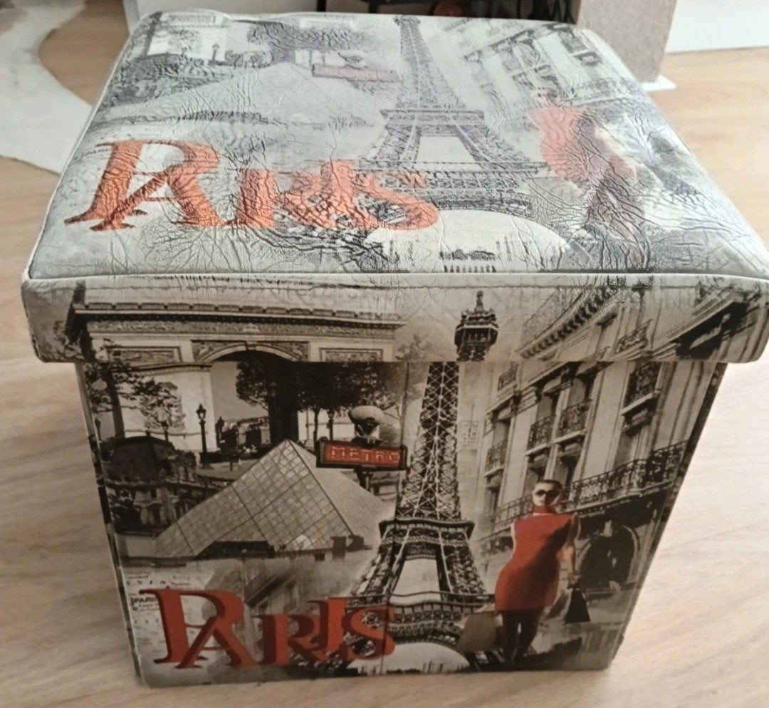 Opvouwbare opbergbox met zitkussen Parijs design, Gebruikt, Meerkleurig, Overige stijlen, Ophalen of Verzenden