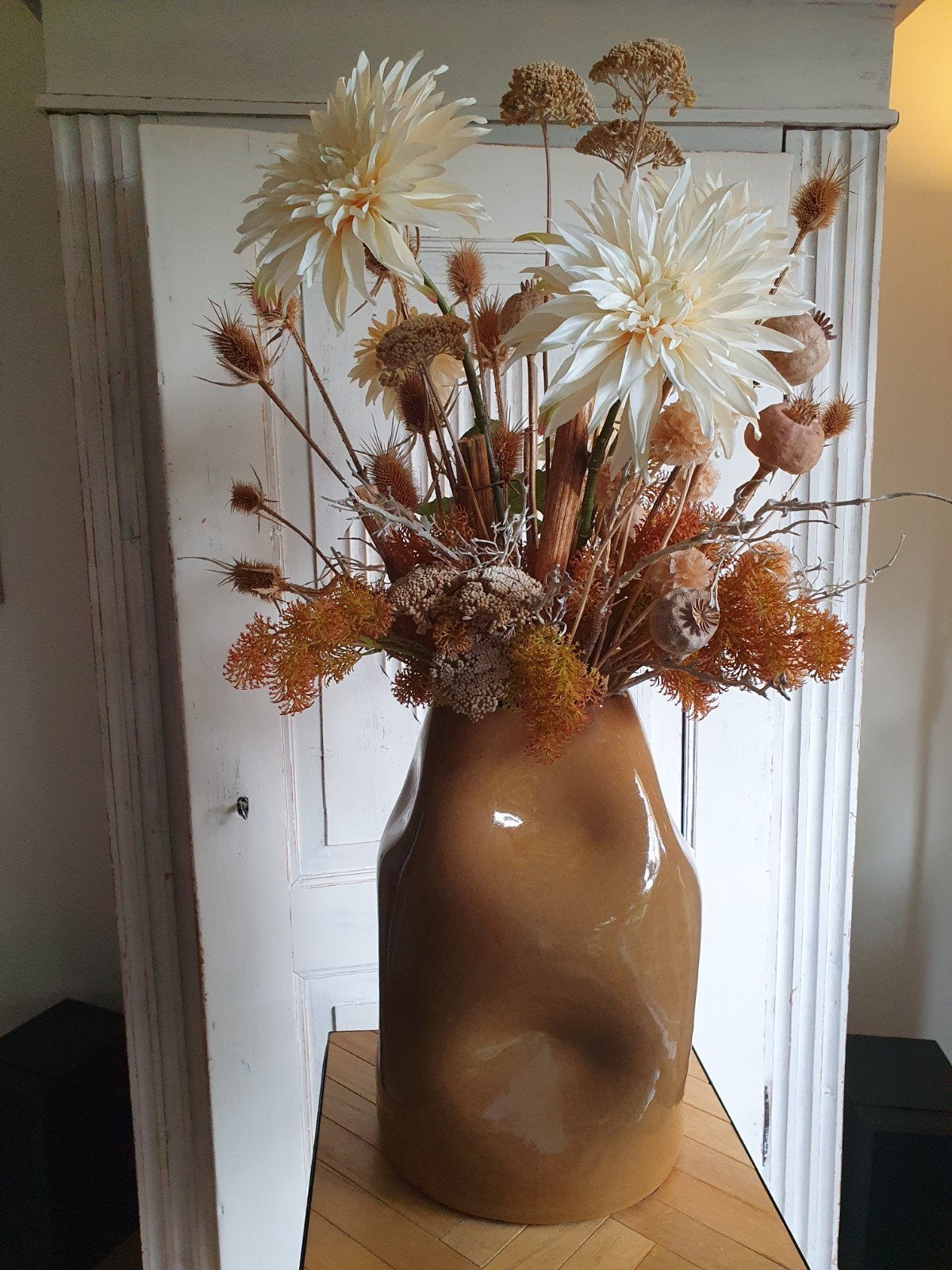 Sfeervol bloemstuk kunst- en droogbloemen in natureltinten, Ophalen, Binnen, Gebruikt, Overige materialen