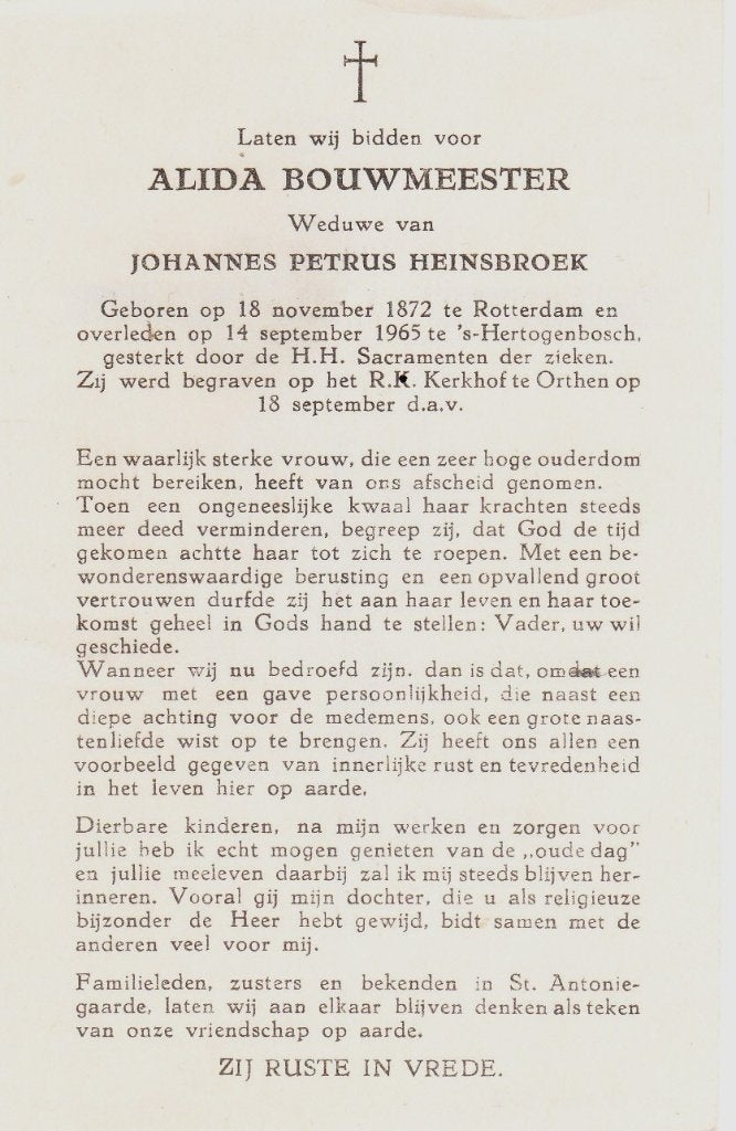 Rotterdam 1872 - Den Bosch 1965 Alida Bouwmeester, Verzamelen, Ophalen of Verzenden, Bidprentje