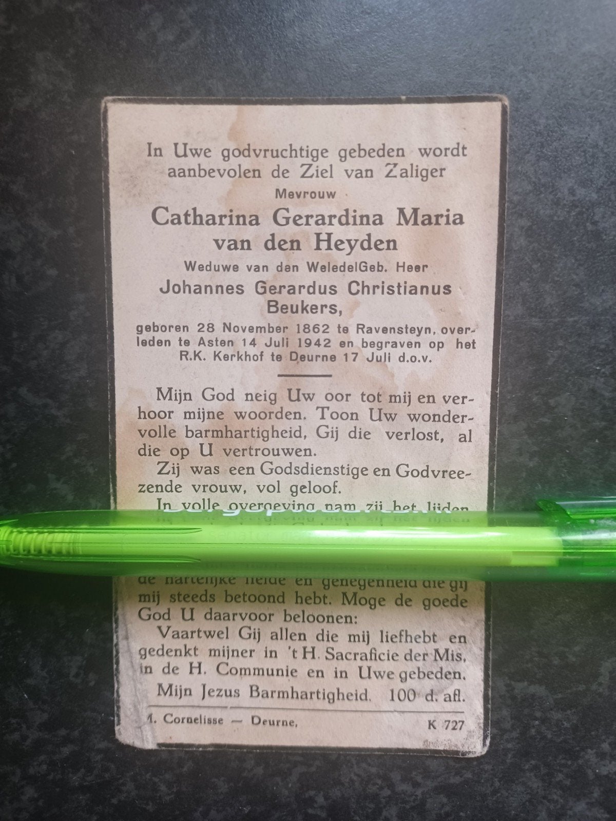 Bidprentje Ravensteyn Deurne Catharina vd Heyden 1862 1942, Verzamelen, Bidprentjes en Rouwkaarten, Ophalen of Verzenden, Bidprentje