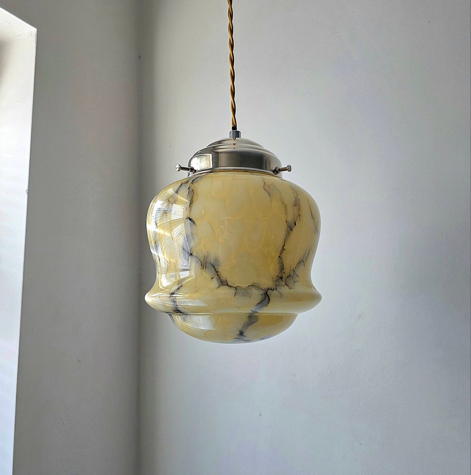 Vintage Art Deco glazen hanglamp, Art Deco, E27 (groot), Ophalen of Verzenden, Glas