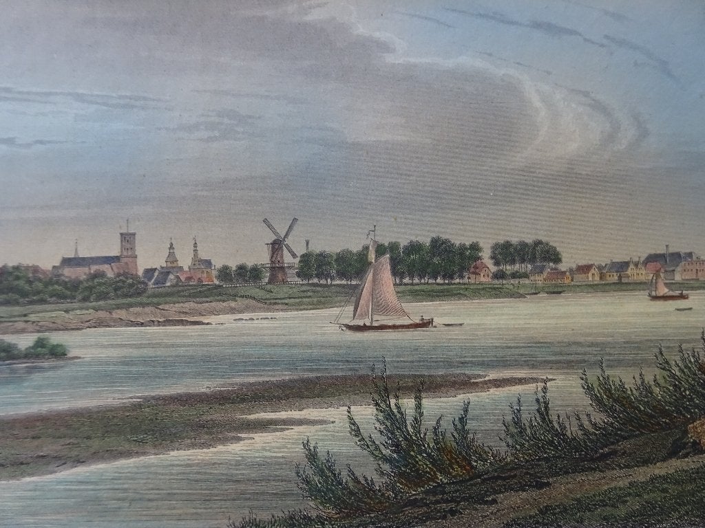 staalgravure kleur Culemborg met zeilschepen, J. Poppel 1858, Antiek en Kunst, 1800 - 1899, Verzenden, Stadsgezicht, Origineel