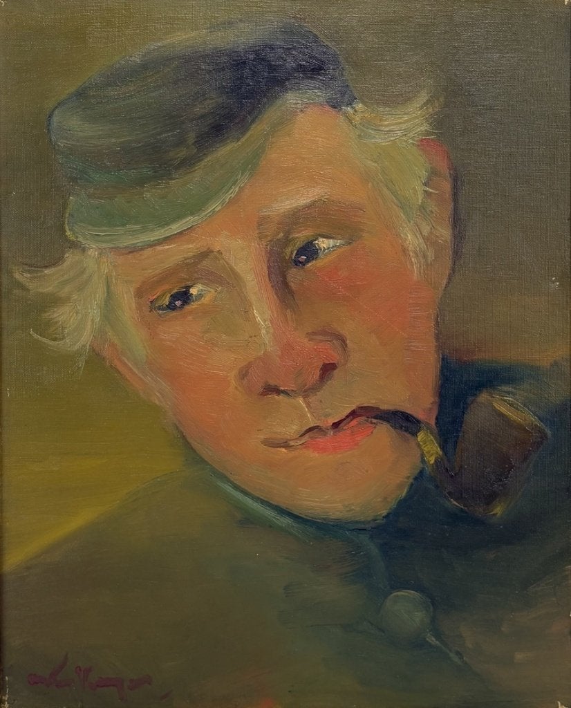 936. Olieverfschilderij – portret van man en pijp, 20e eeuw, Doek, Portret of Personen, Expressionistisch, Ophalen of Verzenden