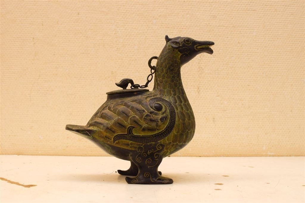 Antiek Chinees bronzen Dynastie vogels z\'n pot kruik 49487