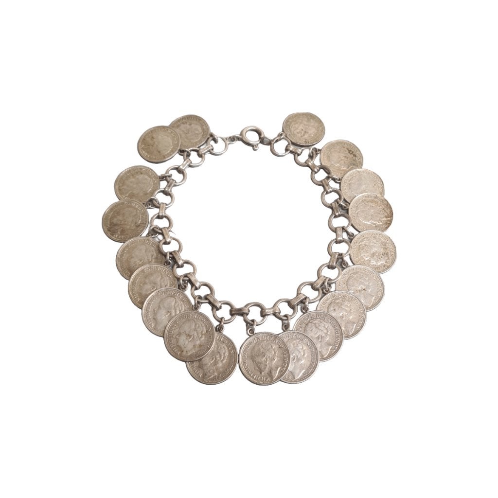 Zilveren armband met Wilhelmina dubbeltjes, Ophalen of Verzenden, Zilver, Armband