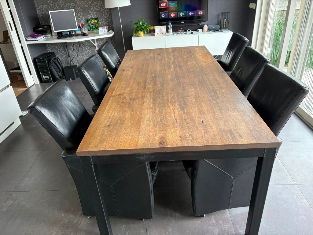 Te koop aangeboden: Eetkamertafel en stoelen, Huis en Inrichting, Tafels | Eettafels, Ophalen, Gebruikt, 100 tot 150 cm, Eikenhout