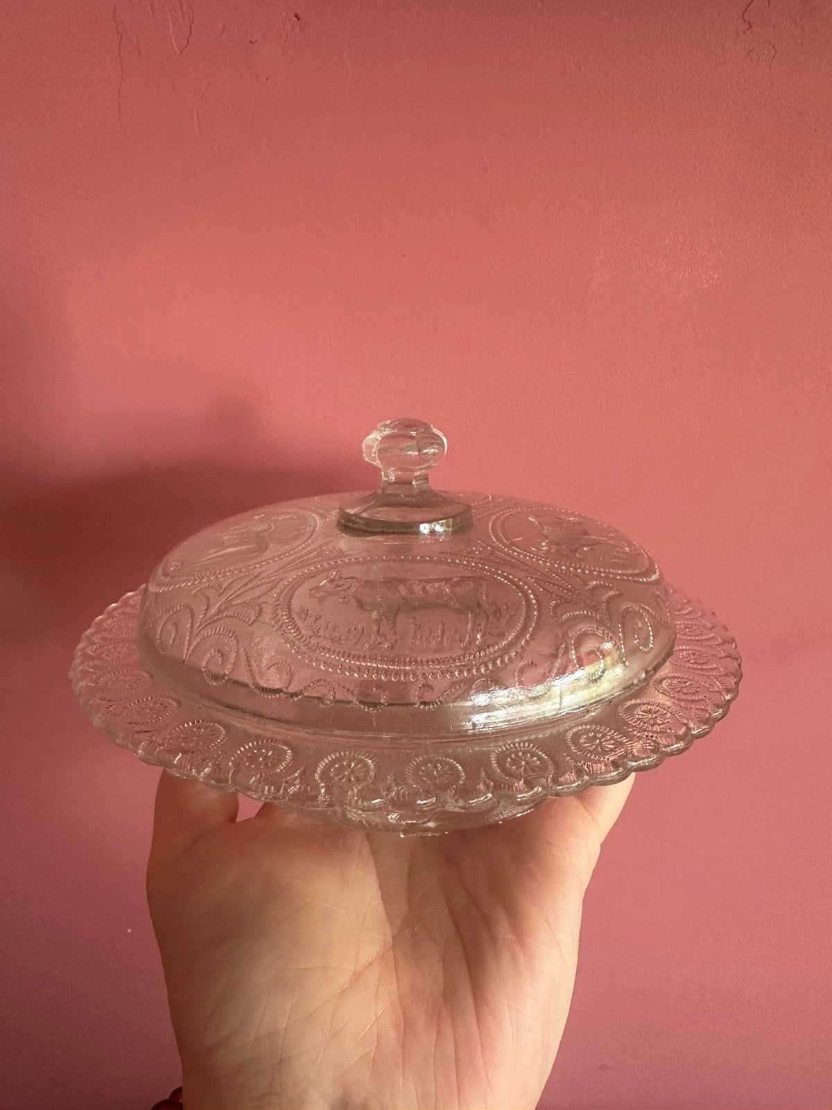 Mooie oude botervloot van persglas jaren 40, Ophalen of Verzenden