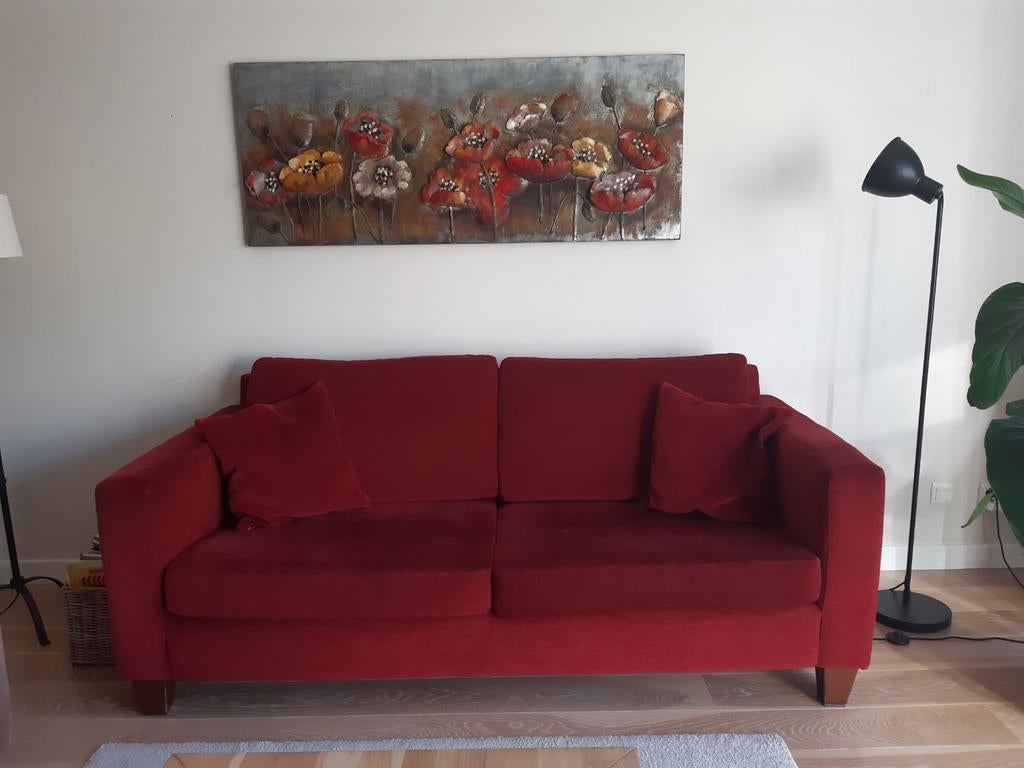 Mooie warmrode bank, 3 zits,  in goede staat!, Huis en Inrichting, Banken | Bankstellen, Ophalen, Strak, Gebruikt, Overige maten