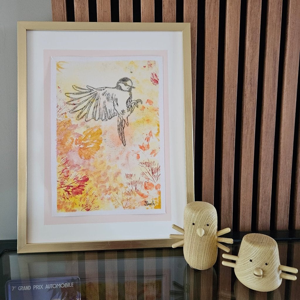 Koolmees in herfstkleuren voor aan de muur, Antiek en Kunst, Gesigneerd, Papier/karton, Ophalen of Verzenden, Dieren