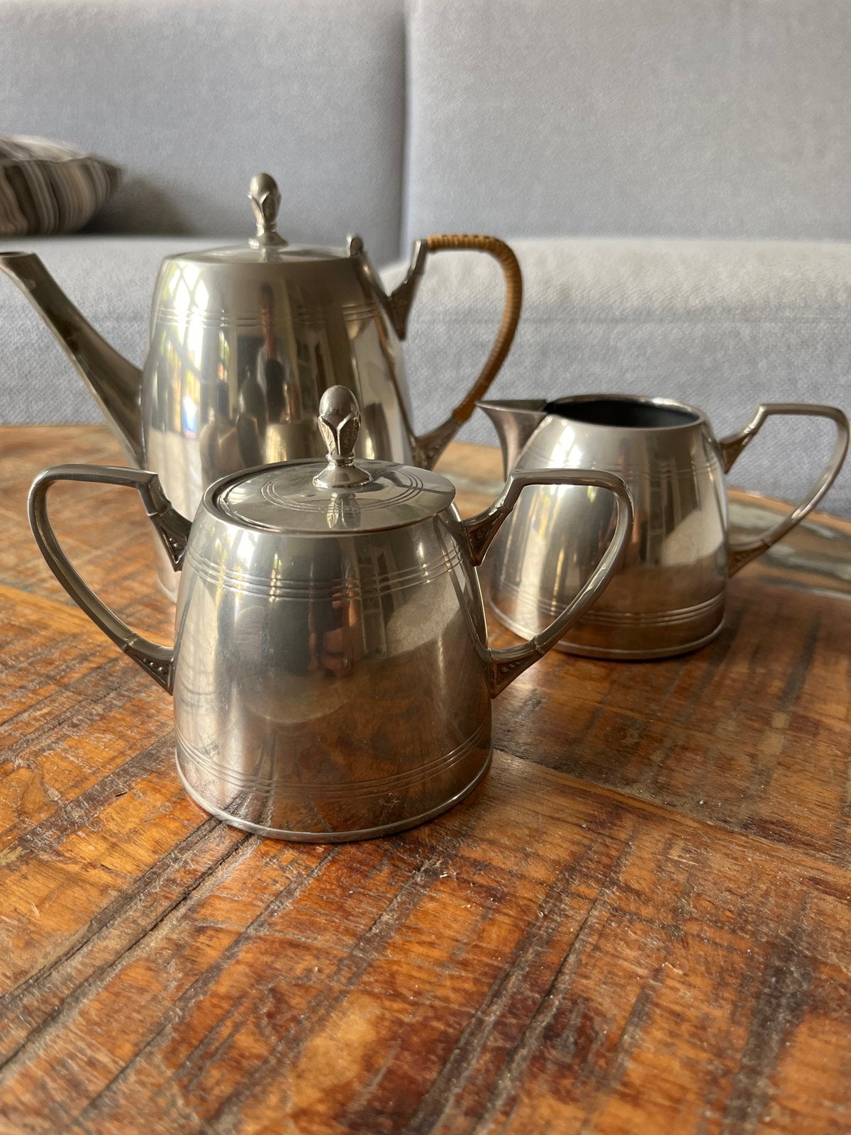 Vintage tinnen theeservies (theepot, suikerpot, melkkan), Antiek en Kunst, Ophalen