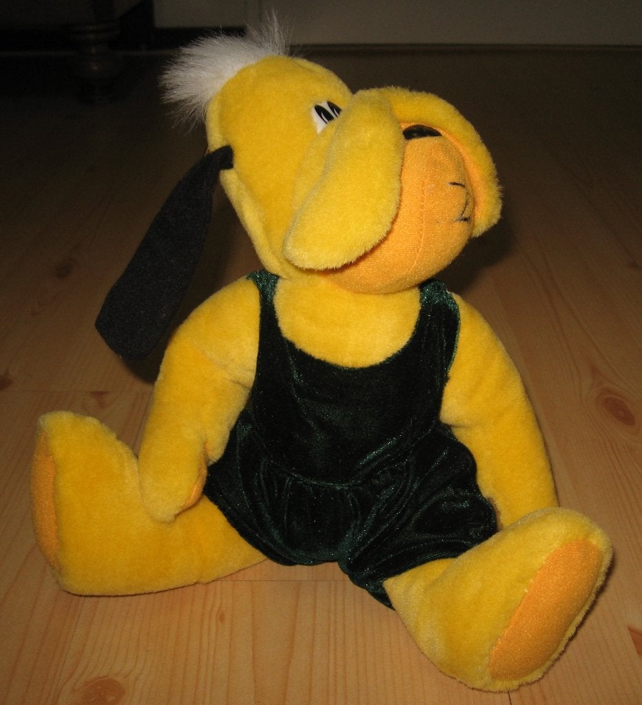 Pluto met groen velours pakje. Hoogte 25 cm, Gebruikt, Geel, Middelgroot (20 tot 80 cm), Hond