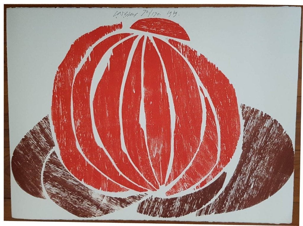 Carel Nicol Visser (1928) Houtsnede " Pompoen " Ges Gen Ged, Gesigneerd, Houtsnede, Ophalen of Verzenden, Dieren en Natuur