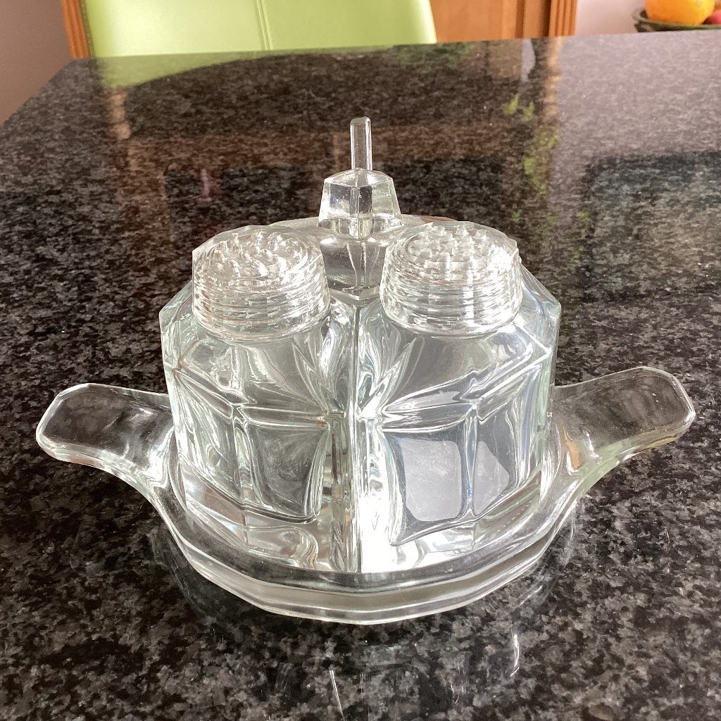 Zout, peper, mosterd set, glas, art deco, vintage, Ophalen, Gebruikt