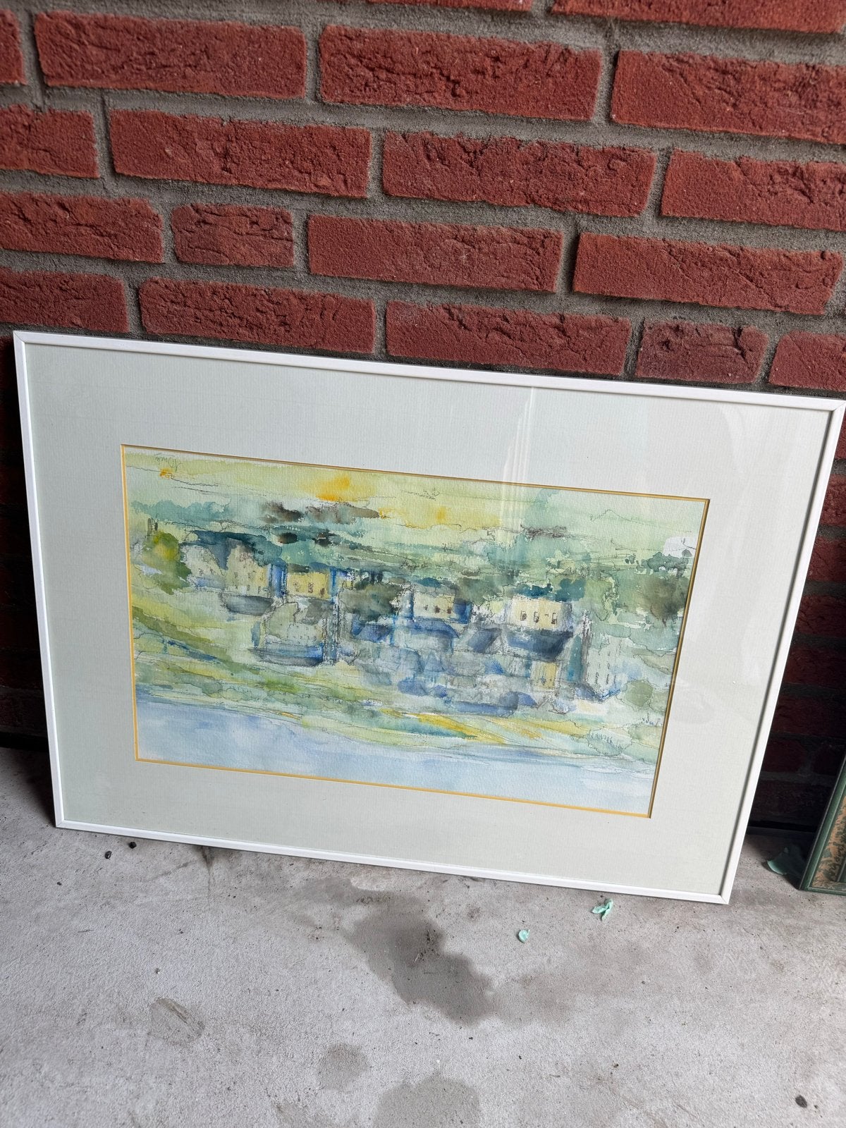 Schilderij: Aquarel van een dorp aan het water, ingelijst, Ophalen, Impressionistisch, Aquarel, Ingelijst