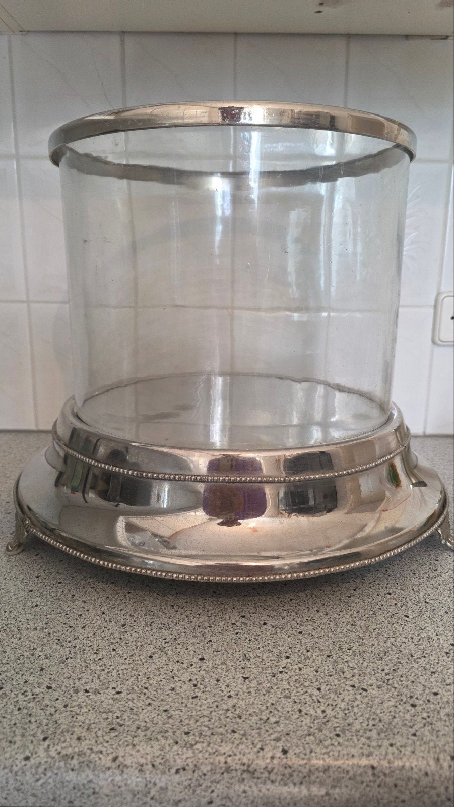 grote glazen stolp met zilveren voet, Huis en Inrichting, Ophalen, 40 cm