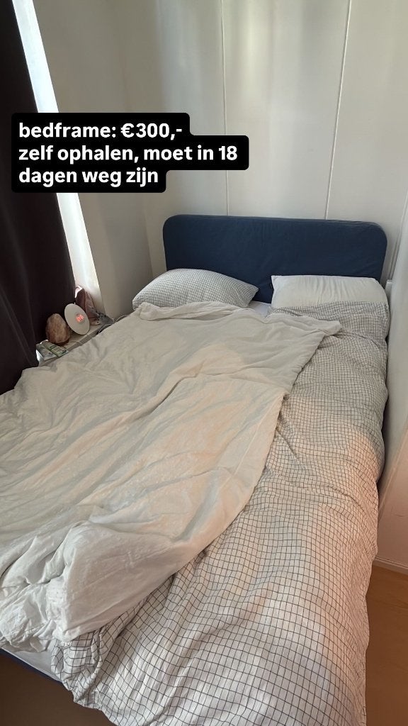 BLAFJALLET boxpring blauw denim, Ophalen, Gebruikt, Blauw, 140 cm