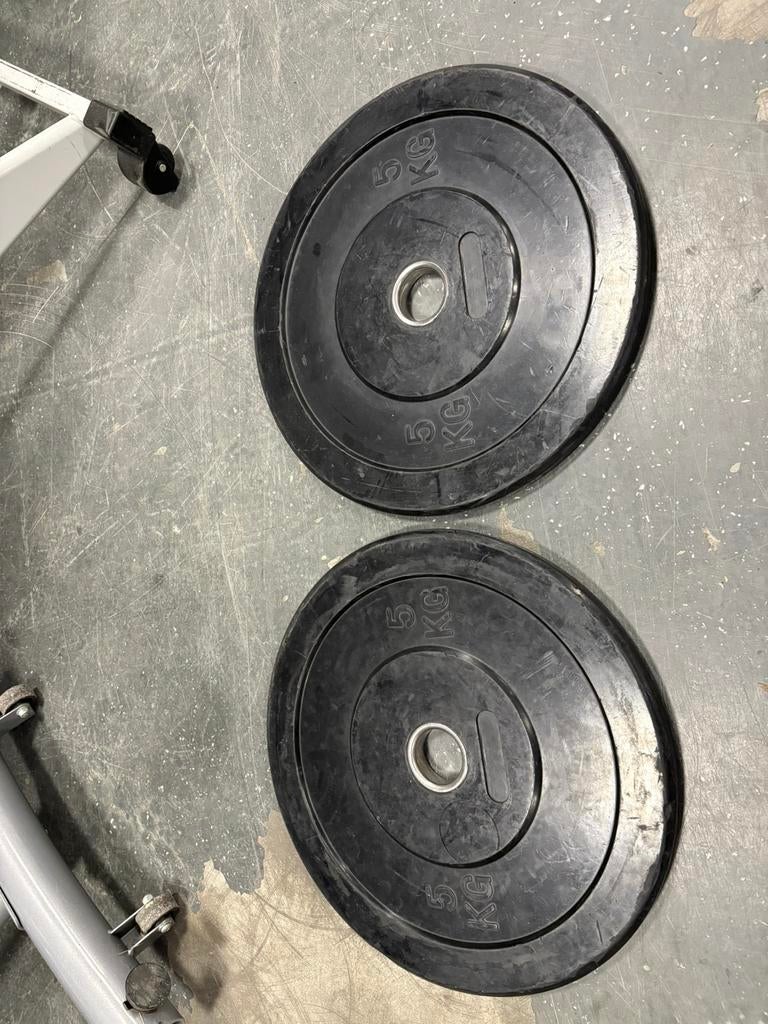 2 x 5 kg Olympische bumperplates olympische halter schijven, Halterschijven, Gebruikt, Bumperplates, 2 x 5 kg