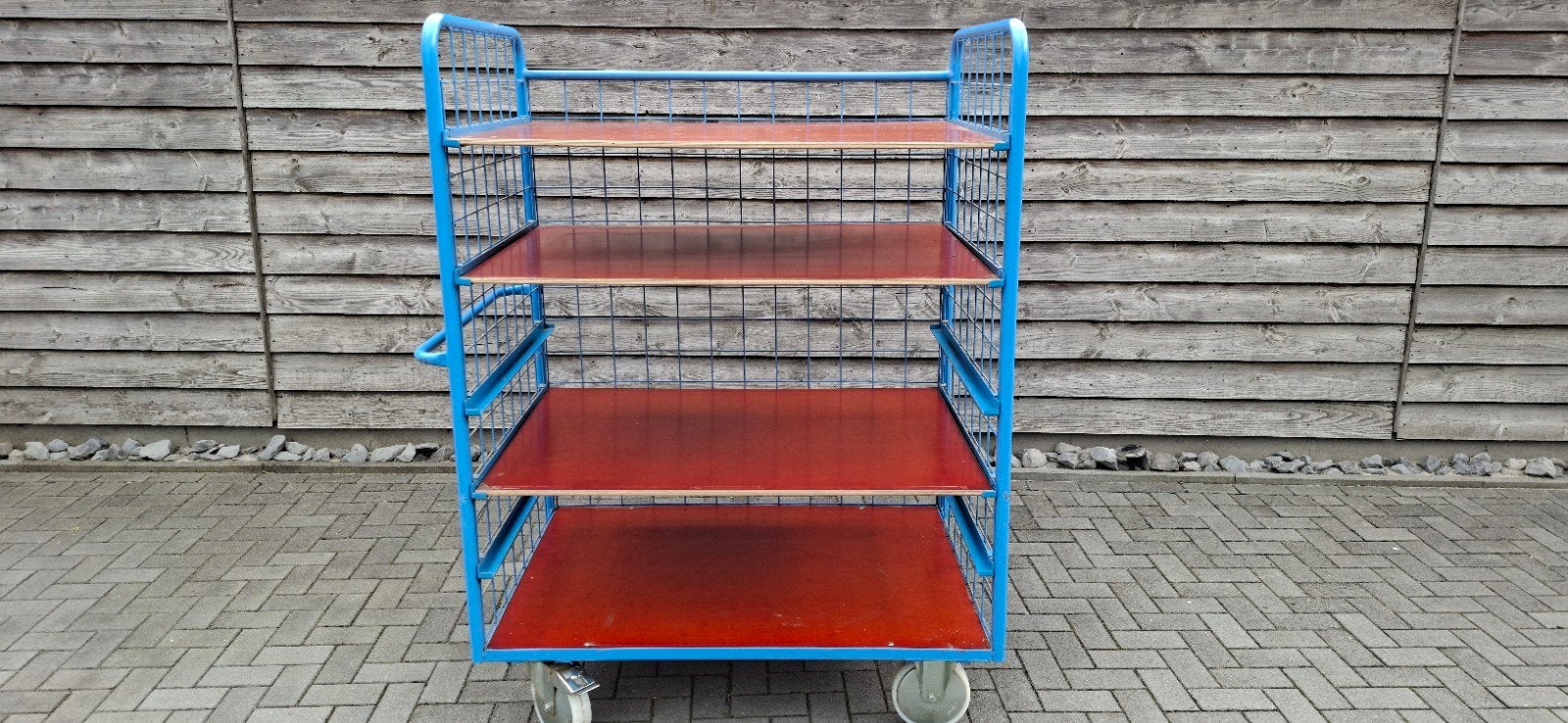 Robuuste blauwe rolcontainer met 4 planken, Ophalen