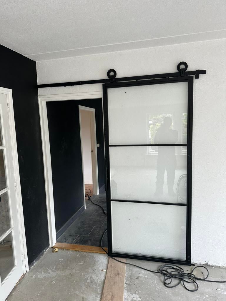 Schuifdeur zwart staal glas, Binnendeur, Ophalen of Verzenden, Schuifdeur, 200 tot 215 cm