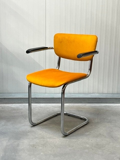 Jaren 70 sledestoel vintage eetkamerstoel geel ribstof retro, Gebruikt, Overige kleuren, ., Overige materialen