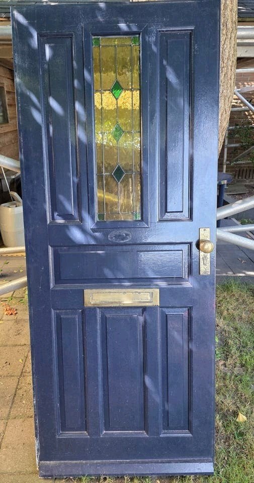 Hardhouten buitendeur met glas-in-lood en messing beslag, Ophalen, Gebruikt, 80 tot 100 cm, Buitendeur