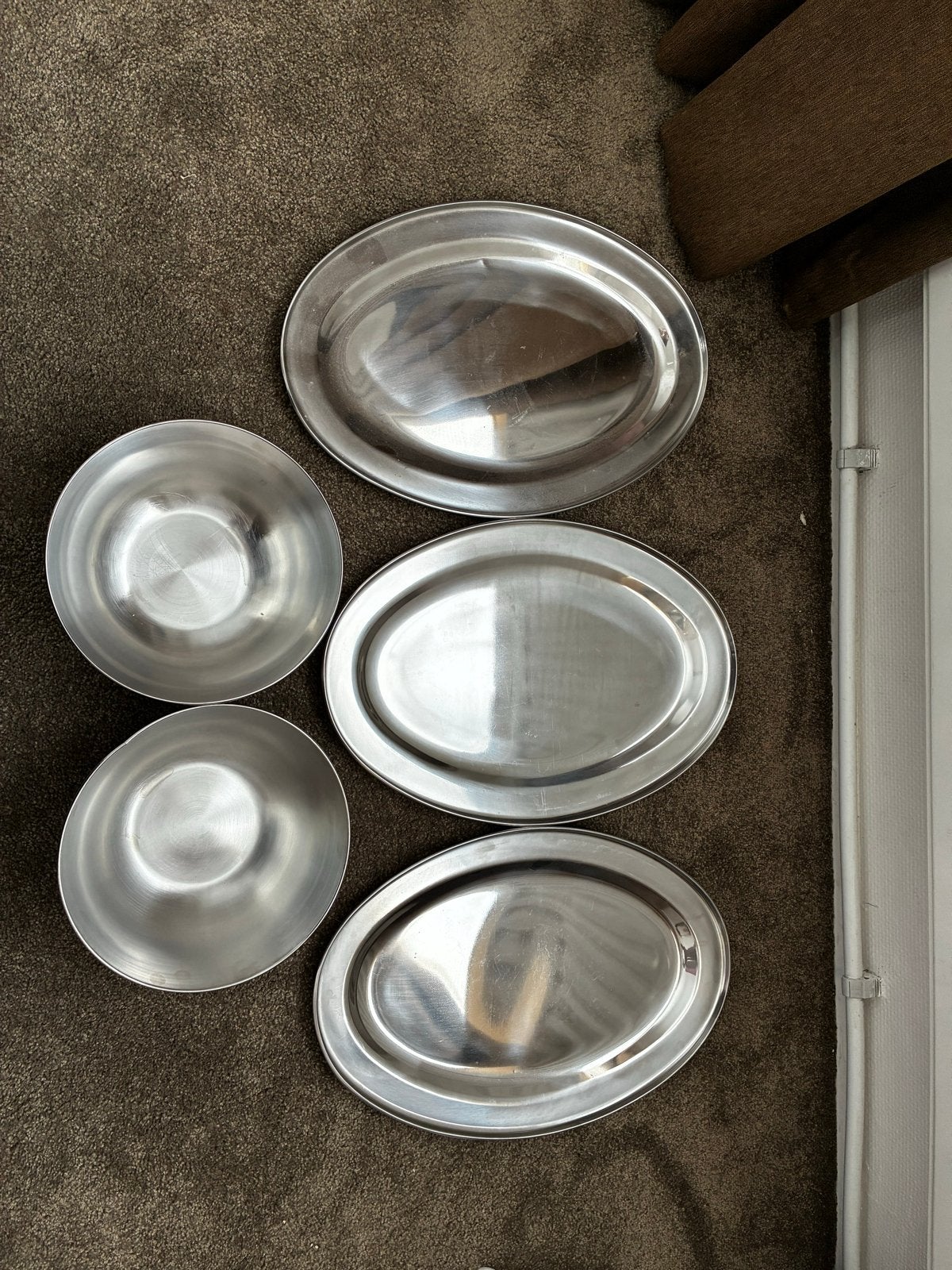 Set van 3 ovale schalen en 2 kommen van roestvrij staal, Ophalen, Gebruikt, Overige materialen, Schaal of Schalen