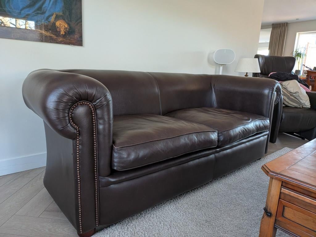 Chesterfield 3-zitsbank van echt leer, 200 cm breed, Gebruikt, 150 tot 200 cm, Chesterfield, Driepersoons