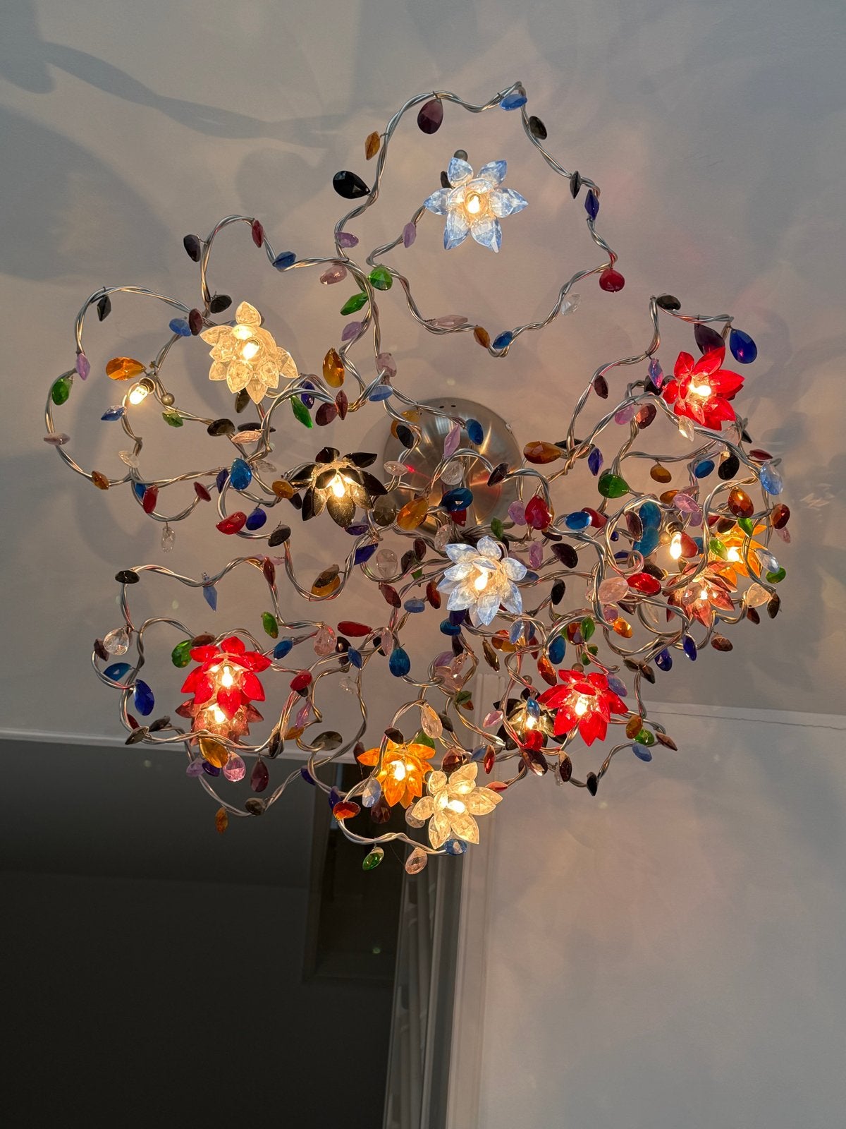 Plafondlamp Bloem met Gekleurde Glazen Ornamenten, Ophalen, Gebruikt, Meerkleurig, Glas