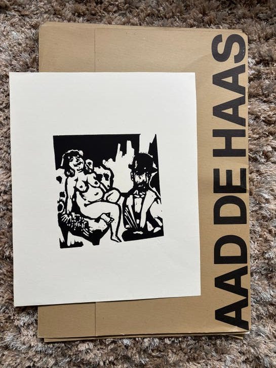 Aad de Haas - Linoprint van naakte figuren, Dagelijks leven, 1950 - 1999, Ophalen of Verzenden, Houtsnede