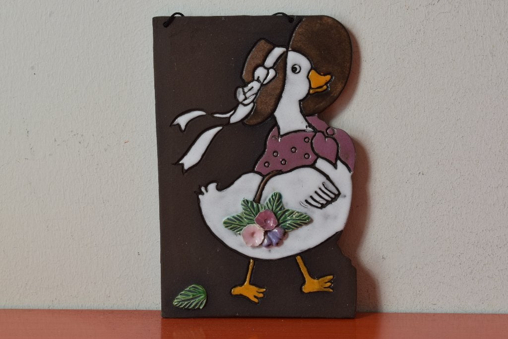 Retro vintage wandtegel - Eend / gans met hoed en strik, Ophalen of Verzenden