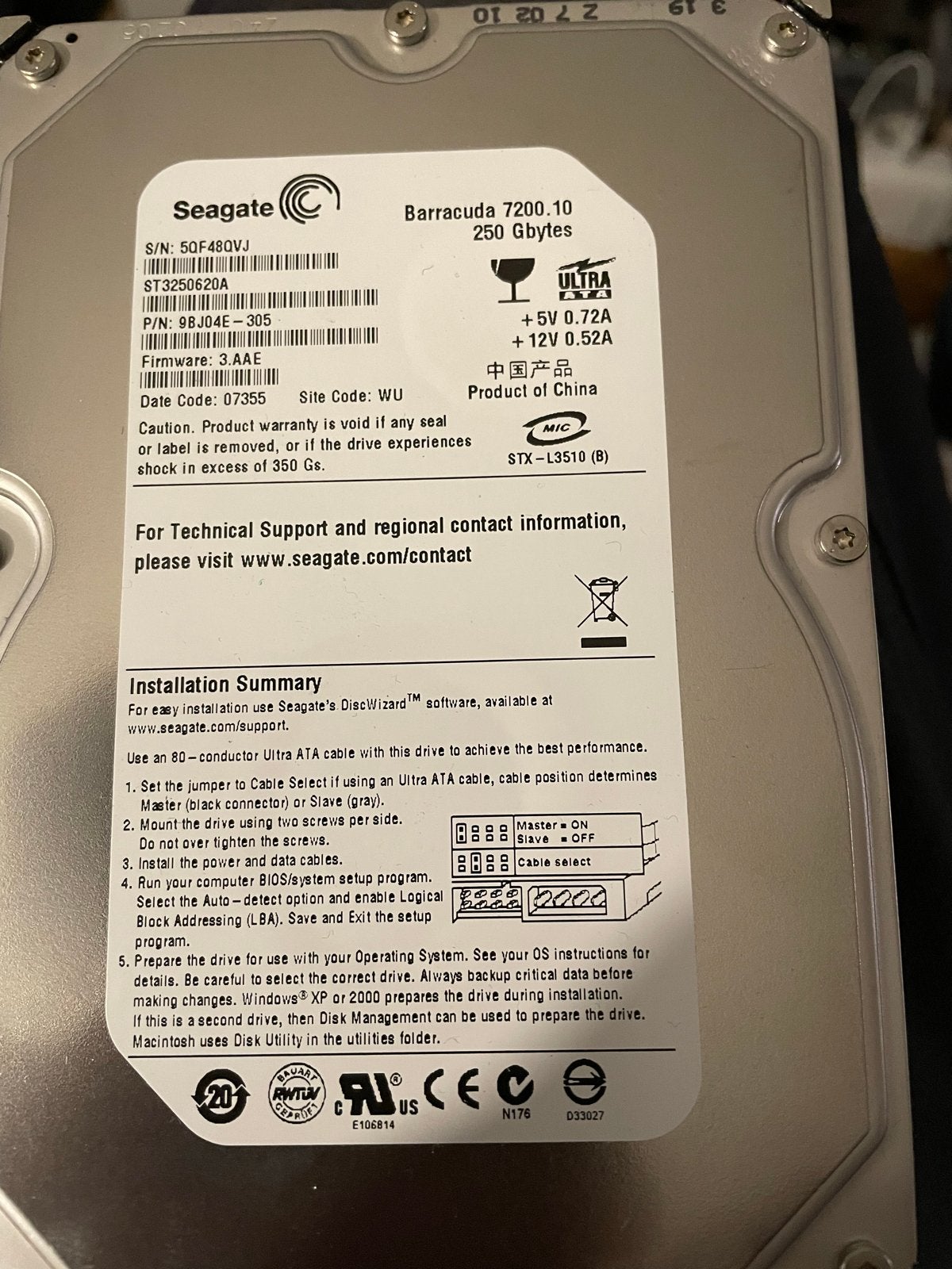 Seagate Barracuda 7200.10 250GB IDE Harde Schijf, Computers en Software, Intern, Gebruikt, HDD, Ophalen of Verzenden