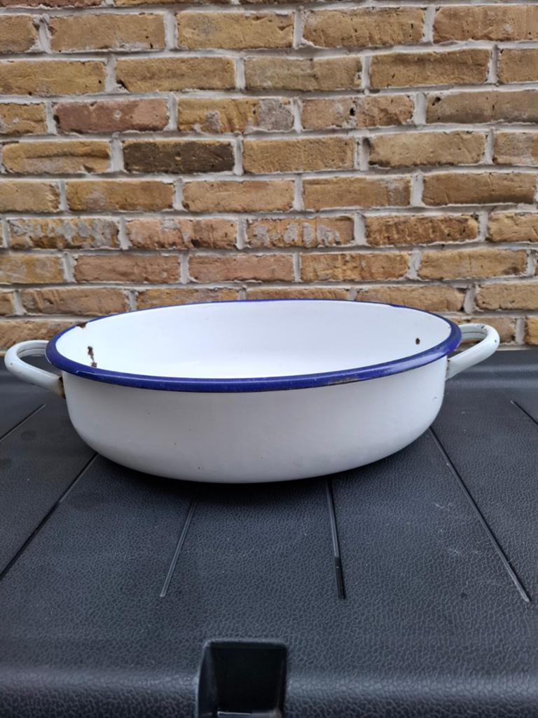 Ovale emaille schaal wit met blauwe rand, Ophalen of Verzenden