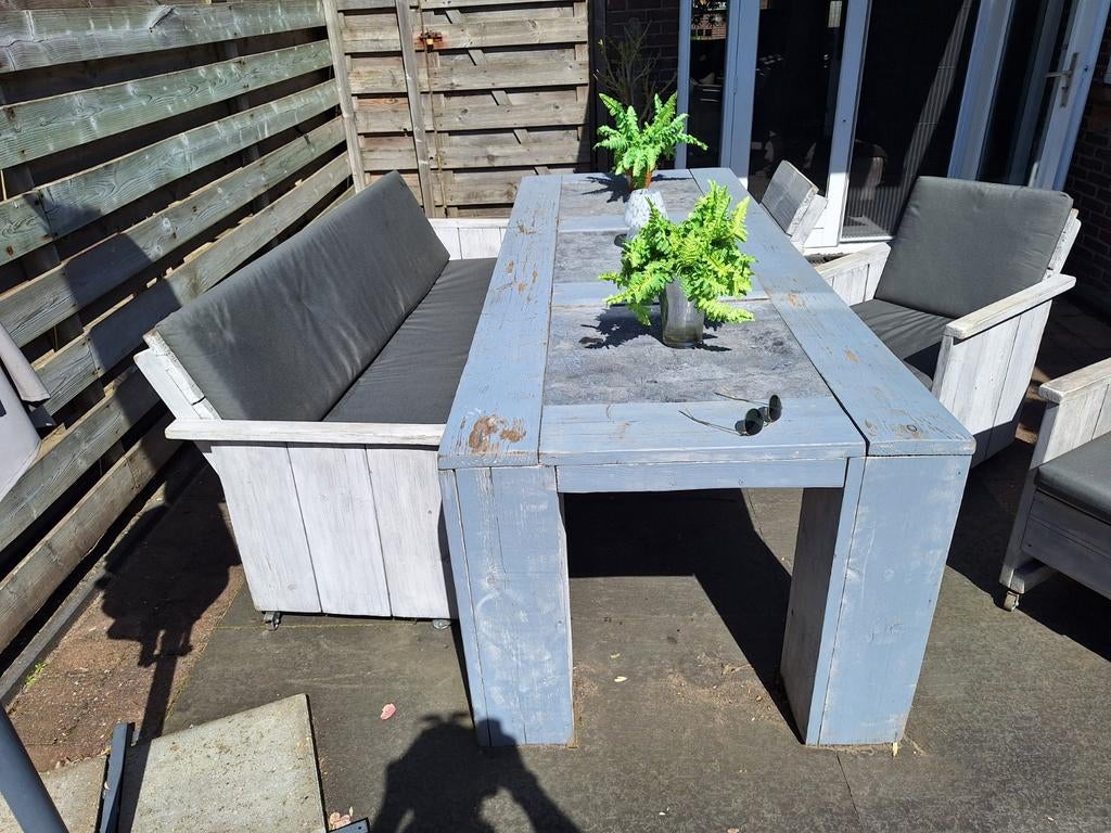 Steigerhouten tuinset met bank, tafel en verrijdbare stoelen, Tuin en Terras, 5 zitplaatsen, Gebruikt, Bank, Steigerhout