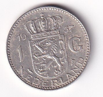 1 Gulden 1957 met randtikje, 1 gulden, Koningin Juliana, Verzenden, Zilver