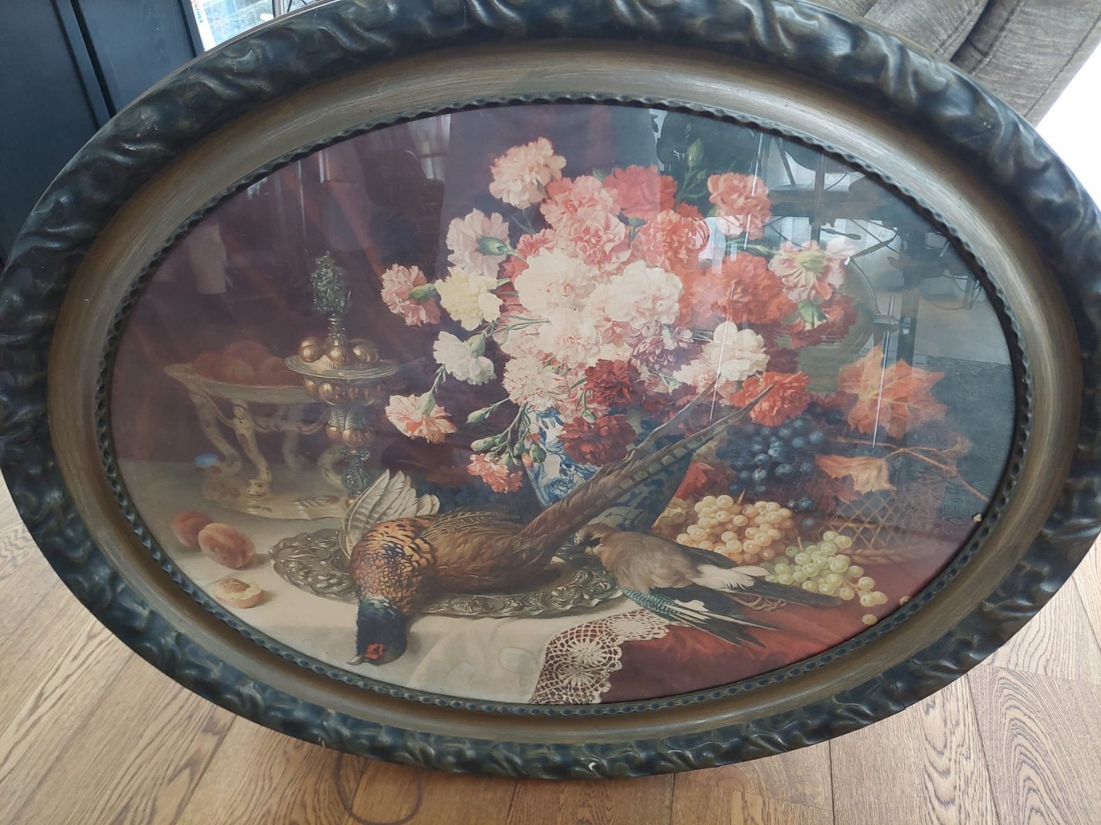 Ovaal schilderij met stilleven van fazant en bloemen, Antiek en Kunst, Kunst | Schilderijen | Klassiek, Ophalen
