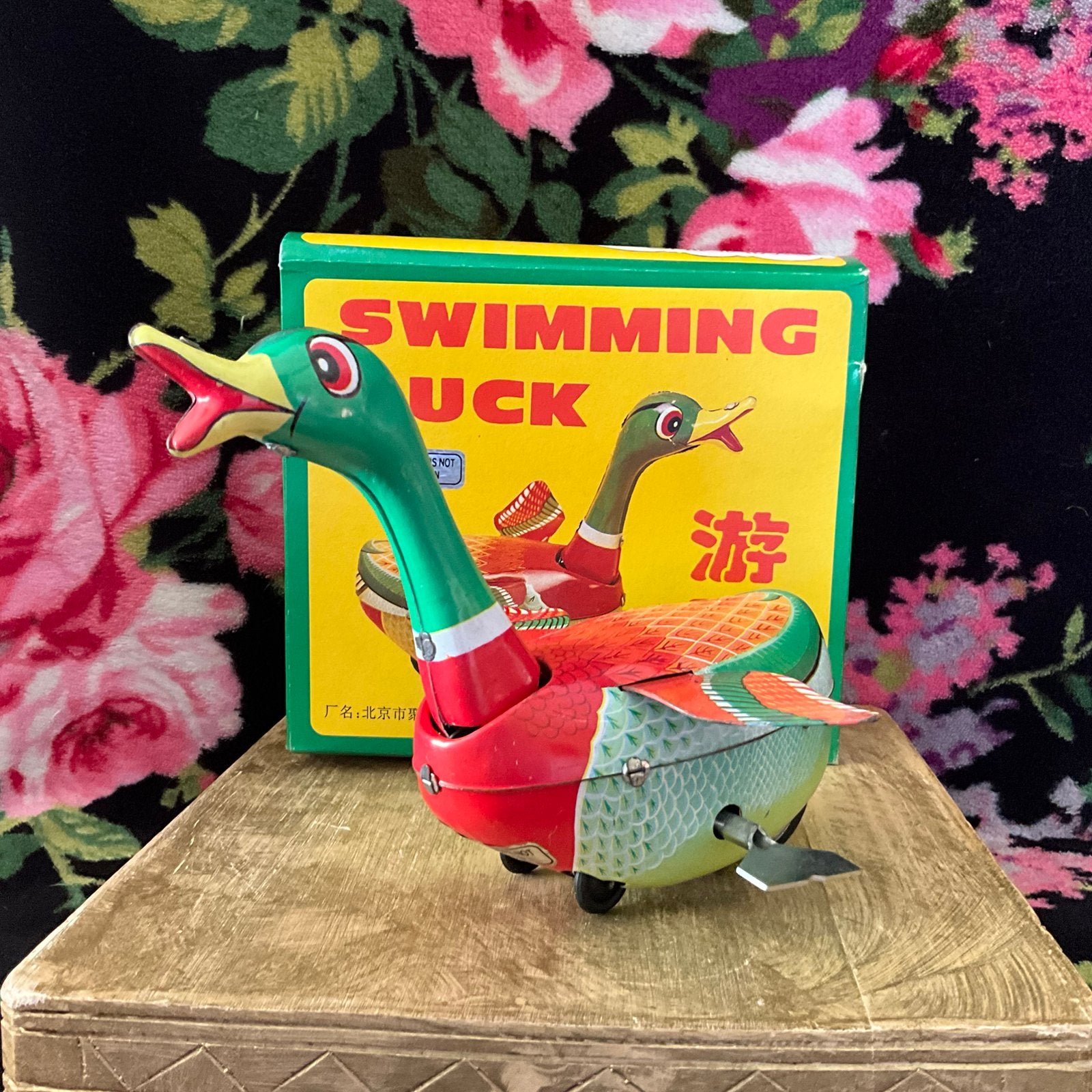 Antieke blikken swimming duck met mechanisme in doos, Antiek en Kunst, Antiek | Speelgoed, Ophalen of Verzenden