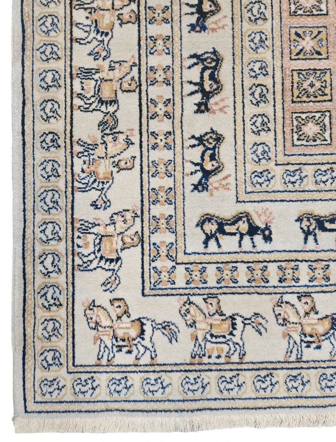 Vintage Perzisch wol Pazyryk Samarkand vloerkleed 140x200cm, Oosters, Klassiek, Dierenmotief, Geel, 150 tot 200 cm, 200 cm of meer