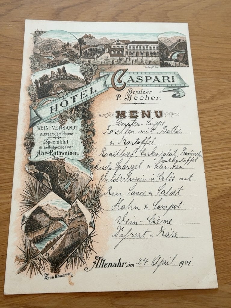 Historische menukaart Hotel Caspari Altenahr – 24 april 1901, Verzenden, Voor 1940, Gebruikt, Overige onderwerpen