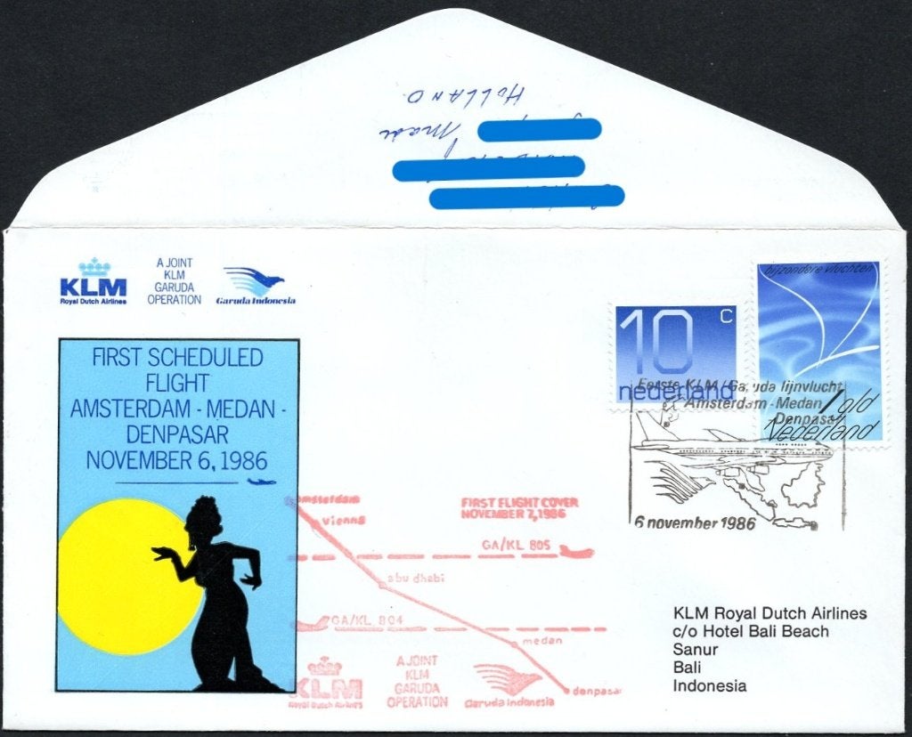 1e KLM vlucht Medan Denpasar Indonesia 1986, Verzenden, Envelop