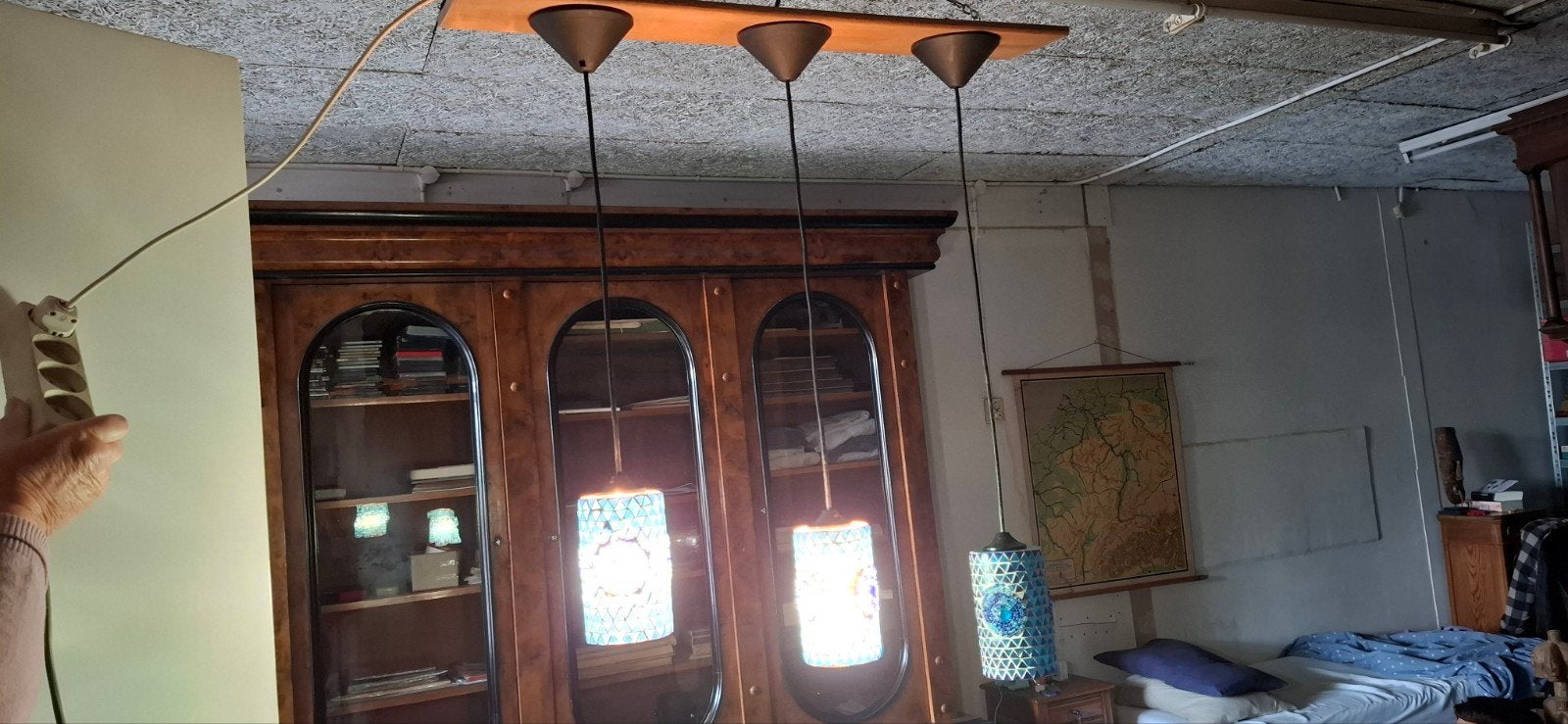 Vintage Blauw Glasmozaïek Hanglampen Set - Romantisch, Huis en Inrichting, Verzenden, Gebruikt, Glas, Vintage, Romantisch, Mozaïek