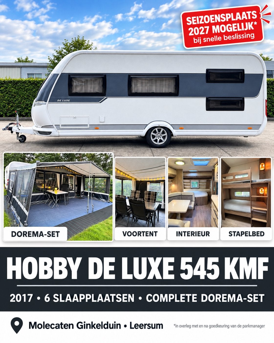 Hobby De Luxe 545 KMF + Dorema | Seizoensplek 2027 mogelijk, Caravans en Kamperen, Dwarsbed, Rondzit, Hobby, Particulier