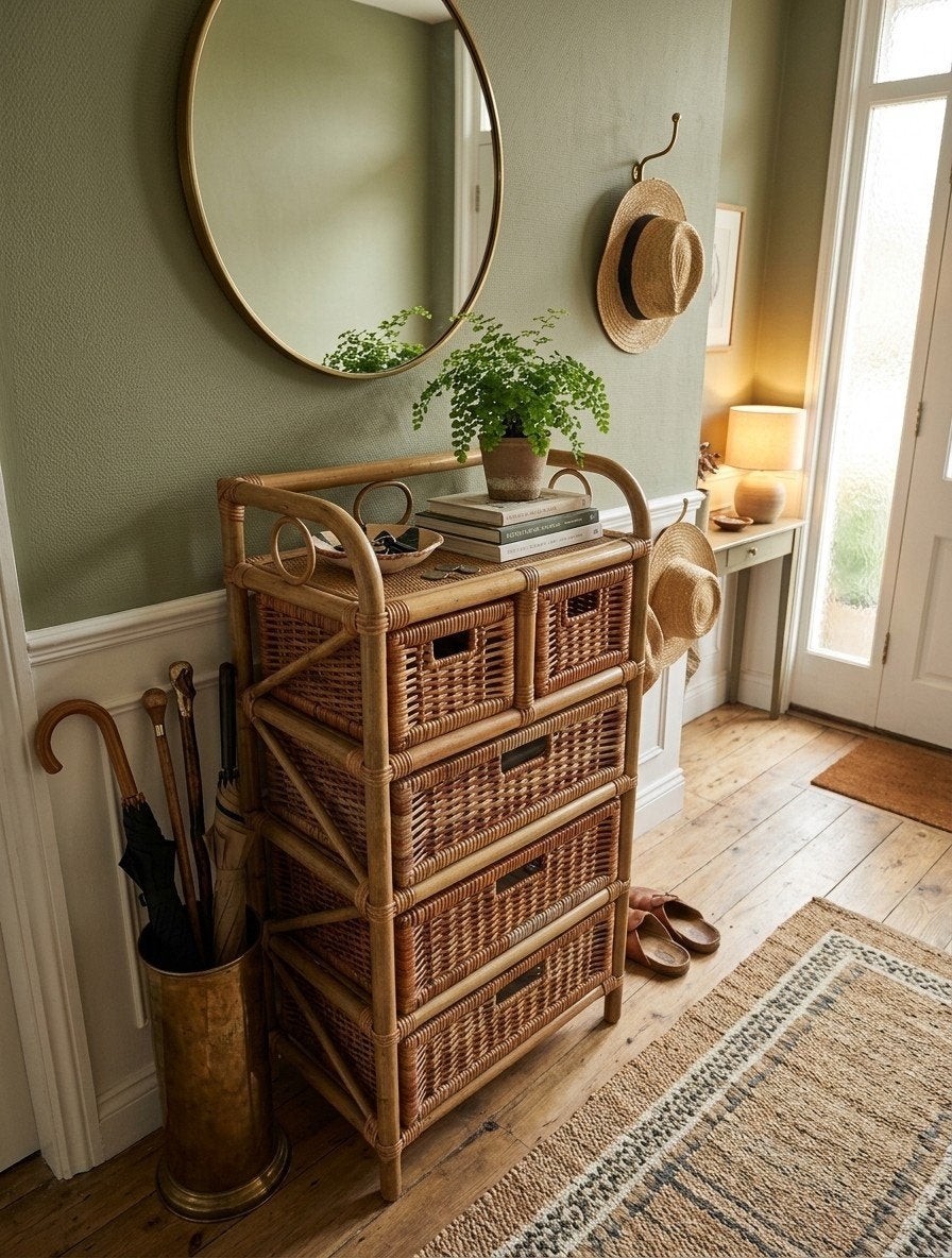 Vintage Rotan Ladekastje Boho Jaren 70, Huis en Inrichting, Ophalen, Minder dan 50 cm, 3 of 4 laden, Minder dan 100 cm