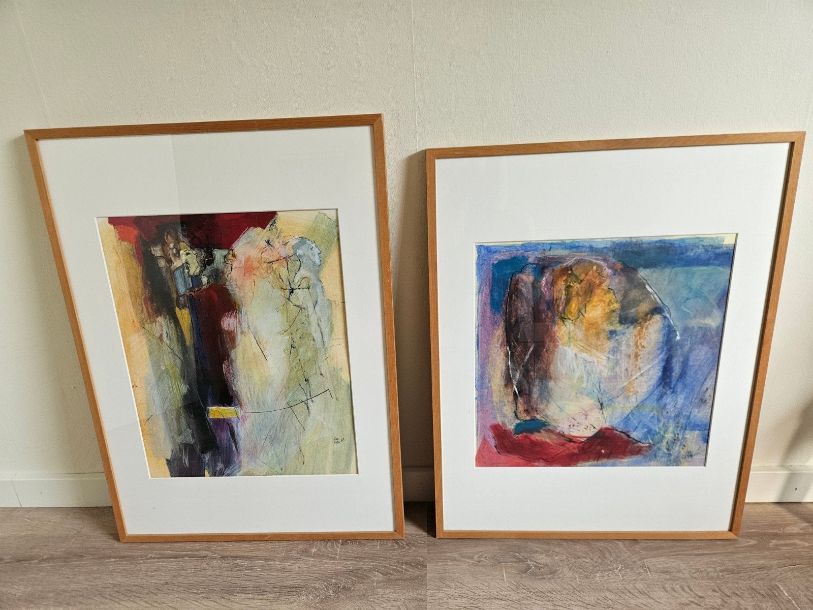 2 abstracte schilderijen van Sari Piek uit 1988 in lijst, Ophalen of Verzenden