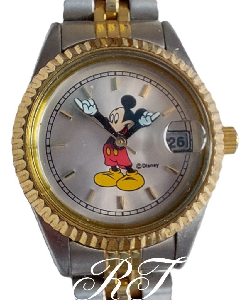 Vintage Mickey Mouse Dames polshorloge met kalender., Overige merken, Gebruikt, Polshorloge, Ophalen of Verzenden