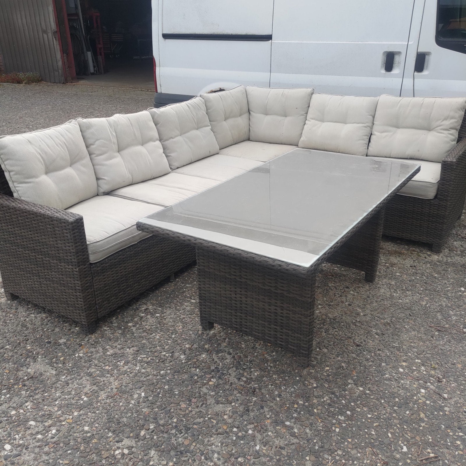 Dining loungeset 250/200 met tafel en vieze kussens, Ophalen, Gebruikt, Wicker