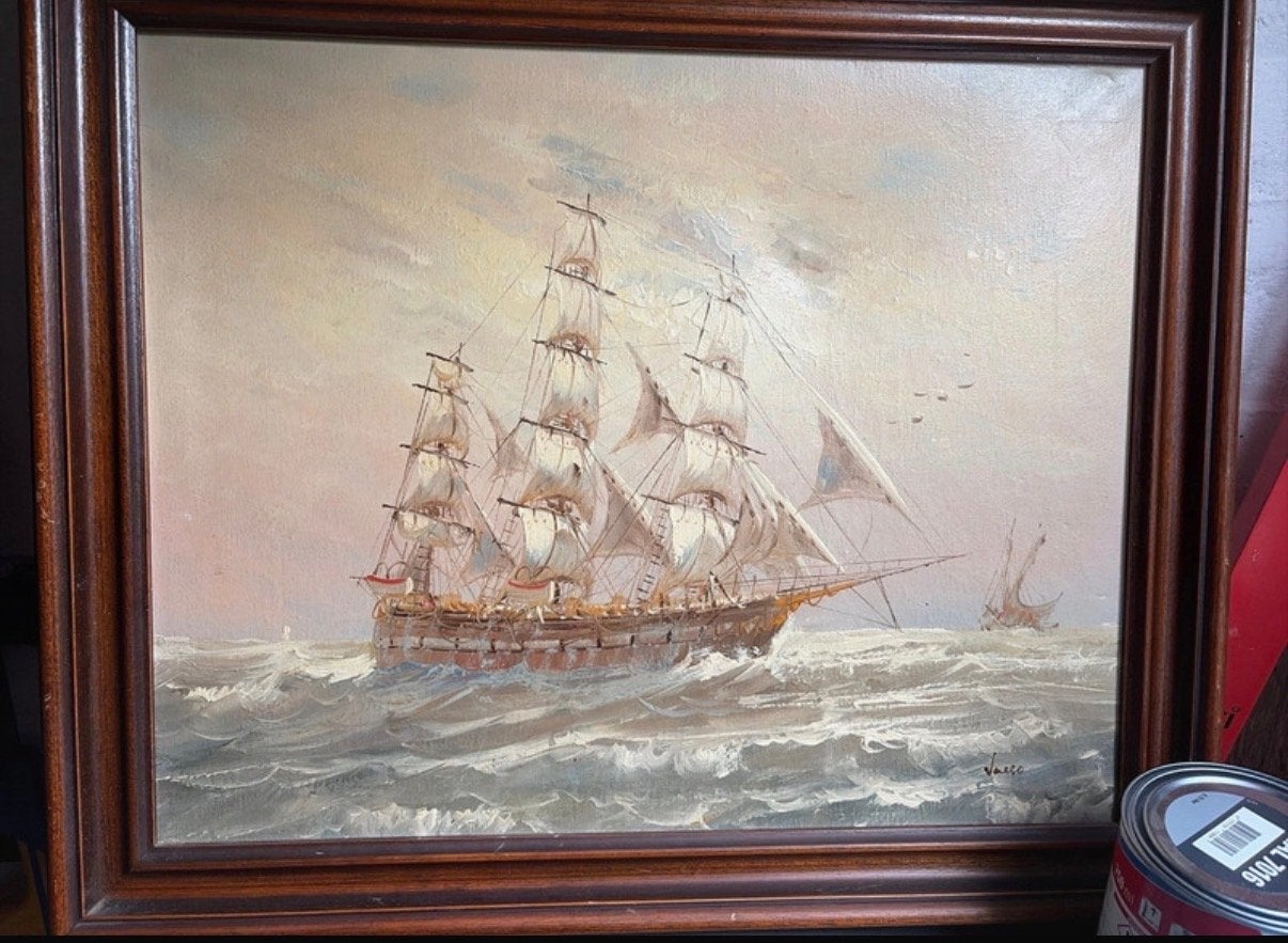 Maritiem olieverfschilderij van zeilschip op woelige zee, Maritiem / water, Doek, Ophalen of Verzenden, Gesigneerd