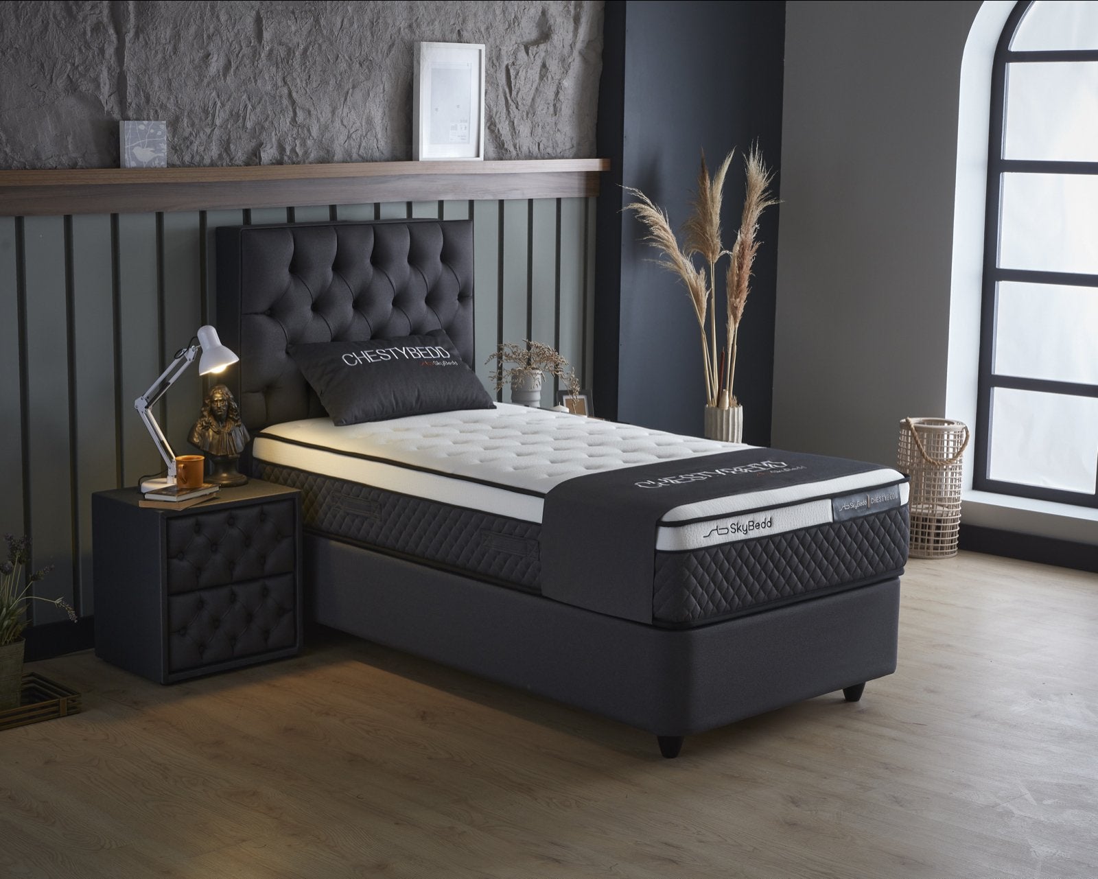 SKYBEDD Boxspring opbergruimte Chestybedd Antraciet 90 x 200, 90 cm, Eenpersoons, Zwart, Nieuw