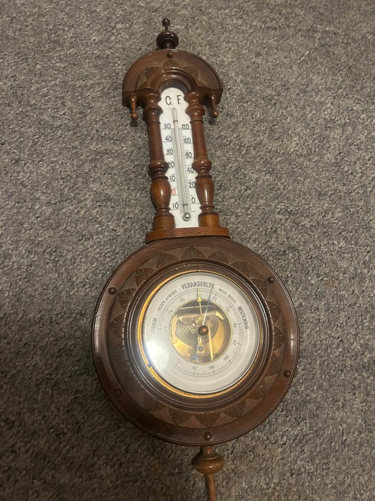 Antieke Barometer en Thermometer - Houten Weerstation, Ophalen, Gebruikt, Weerstation